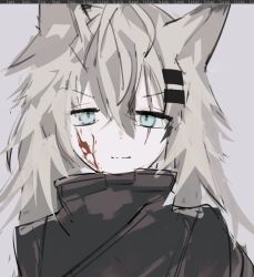  1girl animal_ears arknights artist_name black_jacket blood blood_on_face blue_eyes commentary english_commentary grey_background grey_hair hair_ornament hairclip jacket lappland_(arknights) long_hair looking_at_viewer portrait scar scar_across_eye scar_on_face simple_background skashi sketch smile solo v-shaped_eyebrows wolf_ears wolf_girl 