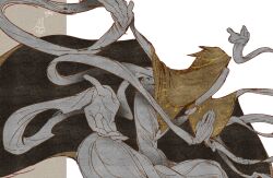  braid braided_beard cloak colored_skin commentary cowboy_shot dynamic_pose extra_arms facial_hair grey_hair grey_skin hood hooded_cloak knowledge_demon_(slay_the_spire) looking_to_the_side lotus_position monster monster_focus no_humans own_hands_together palms_together pcsghostsoul simple_background slay_the_spire slay_the_spire_2 solo white_background yellow_hood 