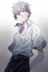  11kkr 1boy belt black_pants brown_belt collared_shirt commentary_request from_below gradient_background grey_background grey_hair hair_between_eyes hands_in_pockets male_focus nagisa_kaworu neon_genesis_evangelion pants red_eyes school_uniform shirt shirt_tucked_in short_hair simple_background tokyo-3_middle_school_uniform two-tone_background white_background 