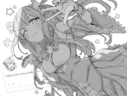  1girl 2girls :3 absurdres bare_shoulders blush bow breasts chibi chibi_inset closed_mouth commentary_request detached_sleeves dress dutch_angle frills greyscale hair_ornament hair_rings hatsune_(princess_connect!) highres large_breasts long_hair looking_at_viewer medium_breasts monochrome multiple_girls odaibako one_eye_closed pointy_ears princess_connect! shiori_(princess_connect!) sidelocks simple_background skirt sleeveless smile star_(symbol) star_hair_ornament two_side_up tyaui_(xjju4435) w white_background wide_sleeves wristband 