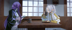  2boys 2girls absurdres black_robe blunt_bangs book capelet cup dress earrings elf fern_(sousou_no_frieren) frieren from_side green_eyes hair_over_shoulder half_updo heiter highres himmel_(sousou_no_frieren) holding holding_book holding_cup indoors jewelry long_sidelocks looking_outside multiple_boys multiple_girls open_book parted_bangs pointy_ears purple_hair restaurant robe shiliu_xian_xian_xian short_eyebrows sidelocks sitting sousou_no_frieren straight_hair teardrop_earrings twintails white_capelet white_dress white_hair window 