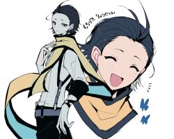  1boy belt black_hair blue_butterfly bug butterfly closed_eyes cowboy_shot english_commentary forehead hair_slicked_back highres light_blush mochizuki_ryouji mole mole_under_eye multiple_views open_mouth persona persona_3 scarf shirt short_hair simple_background suspenders teketeke_(tasutekete) upper_body white_shirt yellow_scarf 