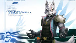  1boy animal_ears armor black_gloves black_pants black_tank_top blue_vest character_name claws clenched_teeth commentary copyright_logo english_commentary english_text furry furry_male gloves glowing glowing_eye grey_fur jecbrush logo male_focus pants pauldrons scar scar_across_eye scar_on_face shoulder_armor shoulder_spikes single_pauldron spikes star_fox tank_top teeth vest wolf_boy wolf_ears wolf_o'donnell 