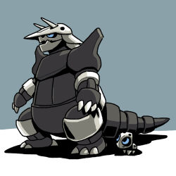  aggron aron blue_eyes claws commentary evolutionary_line full_body looking_ahead looking_at_another no_humans pokemon pokemon_(creature) saboteri_(savot) shadow two-tone_background 