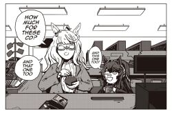  age_difference animal_ears bag bandaid bandaid_on_face bandaid_on_nose biwa_hayahide_(umamusume) cd coat glasses handbag holding holding_bag horse_ears horse_girl linkin_park music_shop narita_brian_(umamusume) shelf shop terkmc umamusume 