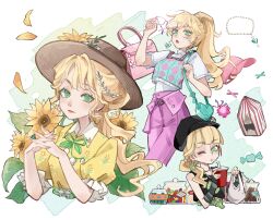  1girl aqua_bag arm_warmers bag baseball_cap belt black_arm_warmers black_belt black_hat black_shirt blonde_hair blunt_bangs bright_pupils brown_hat buckle candy candy_jar character_request closed_mouth collared_shirt copyright_request drinking earrings falling_petals floral_print_shirt flower food frilled_sleeves frills green_belt green_eyes hair_ornament hand_up hat hat_flower heart heart-shaped_bag heart-shaped_buckle heart_earrings high_ponytail highres holding holding_removed_eyewear interlocked_fingers jar jewelry leaf_hair_ornament long_hair looking_at_viewer multiple_views necklace one_eye_closed open_mouth own_hands_together pants petals pink_hat pink_pants plastic_bag ponytail puffy_short_sleeves puffy_sleeves shi_lingyang_ya shirt short_sleeves shoulder_bag sleeveless sleeveless_shirt smile sun_hat sunflower sweater_vest swept_bangs turtleneck turtleneck_shirt unworn_eyewear unworn_jewelry unworn_necklace white_pupils white_shirt yellow_flower yellow_petals yellow_shirt 