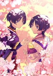  2boys animal_on_shoulder arm_at_side bird bird_on_shoulder blunt_ends bodysuit cherry_blossoms choppy_bangs closed_mouth dual_persona eyeliner falling_petals finch furisode genshin_impact gold gold_trim highres japanese_clothes jewelry juban kariginu kimono layered_sleeves looking_at_animal makeup multiple_boys neck_ring o-ring oga914 outdoors parted_bangs parted_lips petals pink_petals purple_kimono purple_sash purple_sleeves red_eyeliner red_kimono red_sash sash scaramouche_(genshin_impact) scaramouche_(kabukimono)_(genshin_impact) short_sleeves smile split_mouth string tasuki tsurime turtleneck turtleneck_bodysuit twitter_username violet_eyes white_kimono white_sleeves white_trim wispy_bangs 