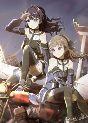  2girls ampere_(love_live!) bare_shoulders black_pantyhose black_shirt blue_coat blue_eyes blue_hair blue_skirt braid breasts brown_hair coat commentary_request dollchestra feet_out_of_frame fishnet_pantyhose fishnets floating_hair hair_intakes half_up_braid half_updo highres kachimachi_kosuzu link!_like!_love_live! long_hair long_sleeves love_live! medium_breasts miniskirt multiple_girls murano_sayaka off-shoulder_coat off_shoulder outdoors pantyhose pink_eyes pleated_skirt post-apocalypse satolive20 shirt signature sitting skirt sleeveless sleeveless_shirt torn_clothes torn_pantyhose virtual_youtuber 
