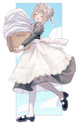  1girl :d apron black_dress black_shoes blue_sky blush border closed_eyes clothesline commentary_request dress enmaided facing_viewer frilled_apron frills from_side full_body grey_eyes hair_bun highres idolmaster idolmaster_shiny_colors juliet_sleeves laundry laundry_basket let's_draw_short-haired_hinanawi_tenshi long_sleeves maid maid_headdress mani_(manidrawings) outside_border pantyhose puffy_sleeves serizawa_asahi shoes sidelocks sky smile solo standing standing_on_one_leg turning_head twitter_username white_apron white_border white_pantyhose 