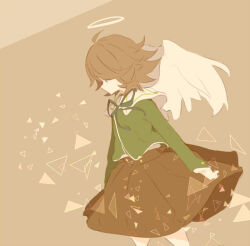  1boy angel angel_wings blonde_hair brown_background brown_skirt danganronpa:_trigger_happy_havoc danganronpa_(series) flanpu from_side fujisaki_chihiro green_ribbon green_shirt halo implied_death looking_ahead ribbon shirt short_hair skirt trap wings yellow_halo 