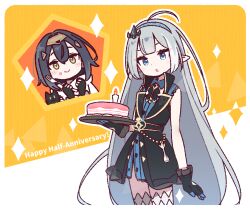  2girls :o ahoge amber_(stella_sora) black_hair blue_eyes blue_hairband blush cake cat commentary_request dress english_text female_tyrant_(stella_sora) food fork gloves grey_hair hair_ornament hairband holding holding_cake holding_food holding_fork looking_at_viewer multiple_girls pointy_ears short_hair sleeveless smile stella_sora thigh-highs tyrant_(stella_sora) yellow_eyes yoru_nai 