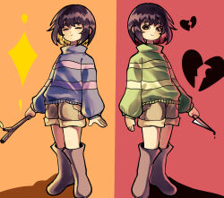  2others absurdres androgynous blood blood_drip blue_sweater broken_heart brown_hair brown_shorts chara_(undertale) closed_eyes closed_mouth collared_sweater commentary dot_nose four-pointed_star frisk_(undertale) frown green_sweater heart highres holding holding_knife holding_stick knife long_sleeves looking_at_viewer multiple_others other_focus pocket red_background red_eyes shadow shirt short_hair shorts sidelocks smile standing stick striped_clothes striped_sweater sweater two-tone_background two-tone_sweater undertale user_jnhm8724 utdr_(toby_fox) yellow_background 
