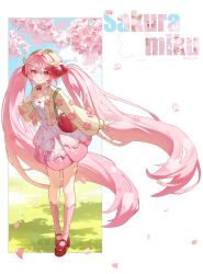  1girl absurdres breasts character_name cherry_blossoms cherry_hair_ornament closed_mouth commentary dress falling_petals flower food-themed_hair_ornament hair_between_eyes hair_ornament halterneck hatsune_miku highres long_hair looking_at_viewer petals pink_dress pink_eyes pink_flower pink_hair pink_petals pink_socks sakura_miku shana_deco small_breasts smile socks solo twintails very_long_hair vocaloid 