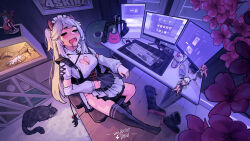  1girl :3 boots breasts can carpet cat clothing_cutout computer_keyboard computer_mouse controller demon_girl demon_horns desk detached_sleeves drink_can energy_drink figure flower game_console game_controller grey_hair heart_cutout highres horns indie_virtual_youtuber kneehighs large_breasts lizard long_hair monitor nyatasha_nyanners open_mouth pink_flower playstation_5 playstation_controller red_bull silvervale sitting sleeping socks stream_deck twintails vei_(vtuber) virtual_youtuber zepocketdroid 