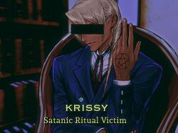  1boy ace_attorney amikoiiko apollo_justice:_ace_attorney arm_up bar_censor black_vest blonde_hair blue_suit bookshelf buttons caption censored censored_identity chair character_name collared_shirt dark-skinned_male dark_skin double-breasted drill_hair english_text fingernails glasses hand_on_own_elbow hand_tattoo head_down highres jacket kristoph_gavin lapels long_hair long_sleeves looking_down male_focus mismatched_eyebrows neck_ribbon on_chair peaked_lapels pentagram pentagram_tattoo red_ribbon ribbon shirt side_drill sitting solo suit suit_jacket tattoo teeth thick_lips upper_body veiny_face vest waistcoat white_shirt 