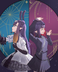  1girl black_gloves closed_eyes colored_inner_hair commentary_request diamond_hairband dress earpiece gauntlets gloves gradient_hair hair_bun highres hololive hololive_english long_hair medium_hair microphone mole mole_under_eye multicolored_hair ninomae_ina'nis ninomae_ina'nis_(drawn_to_dawn) ninomae_ina'nis_(ina_the_hero) official_alternate_costume official_alternate_hairstyle open_clothes open_dress open_mouth orange_hair pink_hair pleated_dress pointy_ears purple_dress purple_hair single_gauntlet tentacle_hair violet_eyes virtual_youtuber waneyeye white_dress 