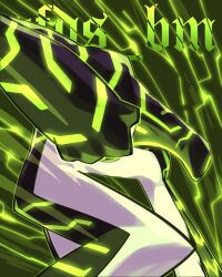  1boy afdsbm artist_name ben_10 black_skin colored_skin energy english_commentary glowing_lines green_theme highres male_focus multicolored_skin neon_lights neon_trim solo two-tone_skin upgrade_(ben_10) white_skin 