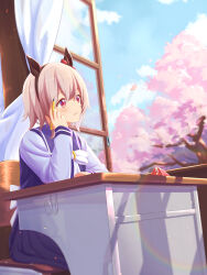  1girl absurdres amazumi animal_ears blue_sky blush bow bowtie breasts chair cherry_blossoms commentary_request curren_chan_(umamusume) desk ear_bow ear_covers grey_hair hair_between_eyes highres holding holding_pencil horse_ears horse_girl long_sleeves on_chair parted_lips pencil pencil_case pleated_skirt purple_sailor_collar purple_serafuku purple_shirt purple_skirt red_bow sailor_collar sailor_shirt school_chair school_desk school_uniform serafuku shirt short_hair sitting skirt sky solo tracen_school_uniform tree umamusume violet_eyes white_bow white_bowtie window 