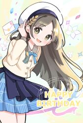  1girl akane_(akane112234) blue_ribbon blue_skirt blush brown_eyes brown_hair commentary_request cowboy_shot envelope falling_petals floating_hair flower from_side gakuen_idolmaster hair_ornament hair_over_shoulder happy_birthday hat hatsuboshi_gakuen_school_uniform highres idolmaster kuramoto_china leaf_hair_ornament leaning_forward letter long_hair long_sleeves looking_at_viewer neck_ribbon open_mouth parted_bangs petals pleated_skirt ribbon school_uniform shirt skirt smile solo sparkle standing tucking_hair white_flower wonder_scale_(idolmaster) yellow_background yellow_shirt 