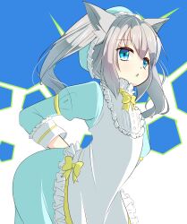  1girl animal_ears apron blue_background blue_dress blue_eyes blue_hat cat_ears commentary_request dress emil_chronicle_online frilled_apron frilled_hat frills from_below from_side hat highres nekomata_sharu open_mouth solo takobousi25 twintails white_apron white_background white_hair 