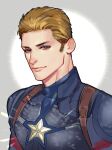  1boy blonde_hair blue_eyes captain_america captain_america_(series) male_focus marvel marvel_cinematic_universe matsu_(bandan) short_hair sideburns smile solo star_(symbol) steve_rogers superhero 