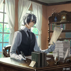  1boy black_hair black_necktie black_vest blue_eyes book bookend bookshelf chair clock commentary_request copyright_name curtains dairoku_ryouhei day desk gloves heterochromia holding holding_paper indoors inkwell lamp long_sleeves male_focus multicolored_hair necktie paper paper_stack pen quill shirt sitting two-tone_hair vase vest white_gloves white_shirt window yatogami_kyosuke yellow_eyes yhyn 