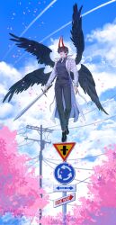  1boy absurdres black_hair black_shirt black_wings cherry_blossoms cherry_tree clouds cloudy_sky coat collared_shirt commentary day demon_horns falling_petals feathered_wings floating full_body highres holding holding_sword holding_weapon horns kim_dokja kyoshich male_focus multiple_wings official_alternate_costume omniscient_reader's_viewpoint open_clothes open_coat outdoors petals popped_collar power_lines road_sign shirt short_hair sign sky solo sword utility_pole weapon white_coat wings 