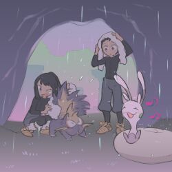  1boy 1girl akari_(pokemon) black_hair black_shirt blush brown_sandals closed_eyes commentary_request drying eyelashes grass grey_pants highres hisuian_sliggoo holding holding_towel holding_tower kinni long_hair long_sleeves motion_blur musical_note one_eye_closed open_mouth outdoors pants pokemon pokemon_(creature) pokemon_legends:_arceus rain rei_(pokemon) sandals shaking shirt short_hair smile socks squatting stunky taking_shelter towel towel_on_head violet_eyes water_drop white_socks 