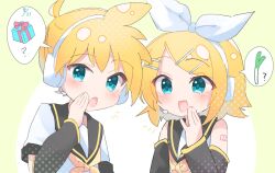  1boy 1girl :d ? ahoge arm_tattoo black_sailor_collar blonde_hair blue_eyes bow commentary_request dated detached_sleeves green_background hair_between_eyes hair_bow hair_ornament hairclip halftone headphones headset kagamine_len kagamine_rin looking_at_viewer mani_(manidrawings) medium_hair motion_lines neckerchief number_tattoo open_mouth parallel_hairclips sailor_collar shirt short_hair short_sleeves sidelocks simple_background sleeveless sleeveless_shirt smile speech_bubble spoken_food spoken_gift swept_bangs tattoo two-tone_background upper_body vocaloid whispering white_background white_bow white_shirt yellow_neckerchief 