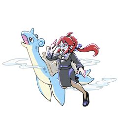  1girl ahoge black_dress black_shoes blue-framed_eyewear brown_eyes commentary_request dress full_body glasses lapras long_hair long_sleeves lorelei_(pokemon) open_mouth pokemon pokemon:_let's_go_pikachu!_and_let's_go_eevee! pokemon_(creature) ponytail red_hair shoes sidelocks simple_background teeth thanks_0u0 upper_teeth_only white_background 