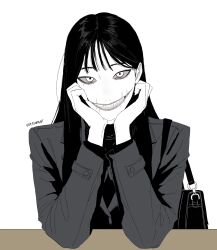  1girl bag black_bag black_coat black_hair black_sweater coat colored_sclera commentary english_commentary glasgow_smile grey_sclera hands_on_own_face head_rest highres japanese_urban_legends kuchisake-onna pale_skin scar scar_on_face scar_on_mouth sharp_teeth shoulder_bag smile sweater teeth trench_coat turtleneck urban_legend virtuware white_background white_eyes wide_mouth 