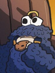  1girl =_= commentary cookie cookie_monster cookie_monster_(cosplay) cosplay couch eating food halo holding holding_cookie holding_food hololive hololive_english kigurumi mkm_(pixiv13235370) ninomae_ina'nis on_couch onesie orange_hair purple_hair solo tentacle_hair untranslatable_commentary virtual_youtuber 