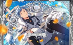  1boy asch_albright boots card_(medium) collared_shirt epaulettes gloves grey_hair helios_rising_heroes highres long_sleeves looking_at_viewer male_focus official_art orange_eyes pants petals roman_numeral shirt short_bangs sitting sky smile solo tarot tarot_(medium) white_gloves white_pants 