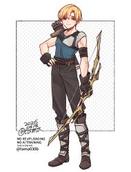  1boy belt black_gloves black_pants blonde_hair blue_eyes blue_shirt boots bow_(weapon) brown_belt brown_boots commentary_request dated febail_(fire_emblem) fingerless_gloves fire_emblem fire_emblem:_genealogy_of_the_holy_war full_body gloves hand_on_own_hip headband highres holding holding_bow_(weapon) holding_weapon looking_at_viewer male_focus muneate pants partial_commentary polka_dot polka_dot_background quiver sayu030b shirt short_hair signature single_shoulder_pad sleeveless sleeveless_shirt solo standing twitter_username watermark weapon white_background white_headband 
