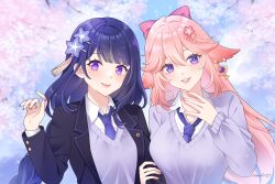  2girls absurdres alternate_costume animal_ears black_jacket blush bow braid breasts cherry_blossoms closed_mouth commentary_request earrings flower fox_ears genshin_impact hair_between_eyes hair_bow hair_flower hair_ornament highres jacket jewelry long_hair long_sleeves looking_at_viewer mole mole_under_eye multiple_girls narurin21 necktie pink_bow pink_hair pink_nails purple_hair purple_nails purple_necktie purple_sweater raiden_shogun smile sweater tassel tassel_hair_ornament teeth thai_commentary violet_eyes yae_miko 