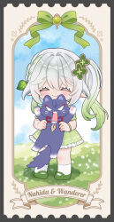  1girl blush character_name closed_eyes closed_mouth commentary_request dress gem genshin_impact green_dress green_gem green_hair green_ribbon green_shoes hair_ornament highres long_hair nahida_(genshin_impact) narurin21 open_mouth pointy_ears ribbon scaramouche_(cat)_(genshin_impact) scaramouche_(genshin_impact) shoes socks solo thai_commentary white_hair white_socks 