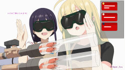  2girls absurdres adjusting_eyewear ahoge animal_ears apron black_hair black_shirt blonde_hair brown_apron cho_kaguya-hime! commentary_request edgar_syu fake_animal_ears hand_up highres kaguya_(cho_kaguya-hime!) long_hair multiple_girls open_mouth sakayori_iroha shirt short_hair shrimp simple_background translation_request upper_body white_background 