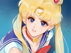  1girl bangs bishoujo_senshi_sailor_moon blonde_hair blue_sailor_collar choker crescent crescent_earrings derivative_work diadem earrings hair_over_shoulder heart heart_choker jewelry long_hair matsu_(bandan) meme parted_bangs red_choker sailor_collar sailor_moon sailor_moon_redraw_challenge_(meme) sailor_senshi_uniform screencap_redraw solo tsukino_usagi twintails upper_body 