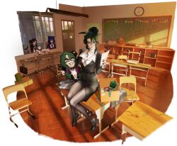  4girls analog_clock animal_hood aqua_hair aqua_ribbon artist_request bag bandaid bandaid_on_face bandaid_on_nose belt black_bag black_belt black_bow black_choker black_hair black_jacket black_nails black_pantyhose black_shoes blue_hair blue_hood book book_stack bookshelf bow box braid brown_eyes cardboard_box cat_hair_ornament cat_hood chair chalkboard character_cutout choker classroom clock coat confetti crache_(path_to_nowhere) crossed_arms desk dolly_(path_to_nowhere) ducky_(path_to_nowhere) gift gift_box green_eyes green_hair grey_coat hair_between_eyes hair_ornament highres holding holding_cardboard_cutout holding_paper hood indoors jacket multicolored_hair multiple_girls official_art on_desk pantyhose paper path_to_nowhere pennant pink_eyes plaid_clothes plaid_coat raven_(path_to_nowhere) red_bow red_streaks ribbon roulecca_(path_to_nowhere) school_chair school_desk shirt shoes streaked_hair streamers string_of_flags wall_clock white_shirt yellow_eyes 