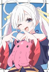  1girl absurdres blue_background blue_eyes blue_kimono blue_nails cho_kaguya-hime! colored_inner_hair commentary_request four-finger_heart_hands hair_rings heart heart_hands highres japanese_clothes kimono long_hair long_sleeves multicolored_hair nail_polish off_shoulder one_eye_closed open_mouth pink_hair runami_yachiyo shiox solo twintails umbrella_octopus white_hair 