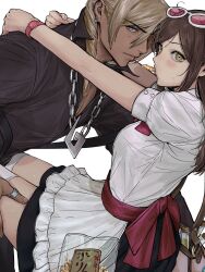  1boy 1girl :t ace_attorney alternate_costume amikoiiko apollo_justice:_ace_attorney apron arms_around_neck badge bag black_shirt black_skirt blonde_hair blue_eyes blush brown_hair brown_strap button_badge buttons chain chain_necklace collared_shirt commentary_request cork dark-skinned_male dark_skin drill_hair ema_skye eyewear_on_head fingernails food_packaging frilled_apron frills green_eyes green_liquid half_updo hand_on_another's_thigh highres initial jewelry karintou klavier_gavin long_hair long_sleeves looking_at_viewer mismatched_eyebrows neckerchief necklace open_collar pants pectoral_cleavage pectorals pink-tinted_eyewear pink_lips pink_wrist_cuffs plastic_bag popped_collar puffy_short_sleeves puffy_sleeves red_neckerchief red_ribbon ribbon shirt short_sleeves shoulder_bag side_drill simple_background skirt snackoos sunglasses suspenders suspenders_slip sweat test_tube thigh-highs thumb_ring tinted_eyewear waist_apron waist_ribbon watch watch white-framed_eyewear white_apron white_background white_bag white_shirt white_thighhighs wrist_cuffs 