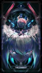  1girl absurdres armor black_background cyborg dragon dragon_girl dragon_horns expressionless gecko_zen grey_hair highres horns indie_virtual_youtuber jitome looking_at_viewer looking_down mecha no_mouth portrait red_hair robot short_hair slit_pupils solo straight-on tarot the_chariot_(tarot) violet_eyes virtual_youtuber windsketchy yellow_eyes 