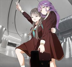  2girls :d absurdres aqua_neckerchief arm_around_another's_back blush briefcase brown_dress brown_hair closed_mouth commentary dress feet_out_of_frame frown fujishima_megumi green_eyes hasu_no_sora_school_uniform highres holding holding_briefcase link!_like!_love_live! llb long_hair long_sleeves love_live! low_ponytail medium_dress multiple_girls neckerchief official_alternate_hairstyle open_mouth otomune_kozue pleated_dress ponytail purple_hair sailor_collar sailor_dress school_briefcase school_uniform sidelocks smile v v-shaped_eyebrows virtual_youtuber white_sailor_collar winter_uniform 