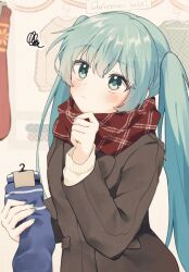  1girl alternate_costume aqua_eyes aqua_hair aqua_nails blush brown_coat christmas coat commentary_request hair_between_eyes hatsune_miku holding holding_sock holding_unworn_clothes indoors long_hair long_sleeves looking_up mani_(manidrawings) nail_polish plaid_clothes plaid_scarf red_scarf scarf shop shopping sidelocks socks solo squiggle sweater thinking twintails unworn_socks upper_body very_long_hair vocaloid white_sweater 