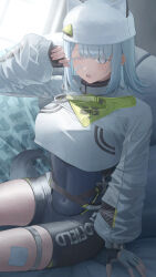  1girl ;o absurdres arknights arknights:_endfield bandaid bandaid_on_cheek bandaid_on_face black_gloves breasts clothes_writing commentary_request endfield_industries_logo estella_(arknights) film_grain fingerless_gloves fingernails gauze gauze_on_thigh gloves grey_eyes grey_gloves grey_hair grey_tail hakone_(okome_0141_jp) hat highres light_blush looking_at_viewer medium_breasts one_eye_closed open_mouth partial_commentary short_hair sleeves_past_wrists solo tail tearing_up teeth thigh_strap upper_teeth_only white_hat yawning 