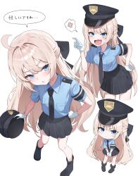  1girl ahoge anger_vein armband bare_legs black_armband black_boots black_hat black_necktie black_skirt blonde_hair blue_eyes blue_shirt blush boots bow chibi chibi_inset collared_shirt commentary_request fang gabuchi gloves hair_bow half_updo hat highres long_hair looking_at_viewer multiple_views necktie open_mouth original police police_hat police_uniform shirt short_sleeves shoulder_boards skin_fang skirt speech_bubble spoken_anger_vein sweatdrop very_long_hair white_background white_gloves 