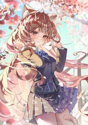  1girl absurdres animal_ear_fluff animal_ears babupipi black_jacket black_skirt blazer blue_bow blue_bowtie blush bow bowtie brown_eyes brown_hair cat_ears cat_girl cat_tail cherry_blossoms closed_mouth collared_shirt commentary_request cowboy_shot damoong day diagonal-striped_bow diagonal-striped_bowtie diagonal-striped_clothes floating_hair from_side hands_up highres holding holding_letter indie_virtual_youtuber jacket letter long_hair looking_at_viewer looking_to_the_side miniskirt outdoors plaid_clothes plaid_skirt pleated_skirt sample_watermark school_uniform shirt skirt smile solo standing striped_bow striped_bowtie striped_clothes tail very_long_hair virtual_youtuber watermark white_shirt wing_collar 