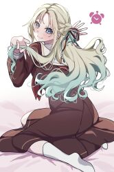  1girl blonde_hair blue_hair blue_ribbon blush borrowed_hairstyle braid brown_dress character_logo closed_mouth curtained_hair dress from_behind gradient_hair hair_ribbon half_up_braid half_updo hasu_no_sora_school_uniform highres holding_own_hair lilac_(li_lac_3) link!_like!_love_live! long_hair long_sleeves looking_at_viewer looking_back love_live! multicolored_hair murano_sayaka neckerchief no_shoes osawa_rurino parted_bangs red_neckerchief red_ribbon ribbon sailor_collar sailor_dress school_uniform simple_background sitting smile socks solo very_long_hair virtual_youtuber white_background white_sailor_collar white_socks winter_uniform yokozuwari 