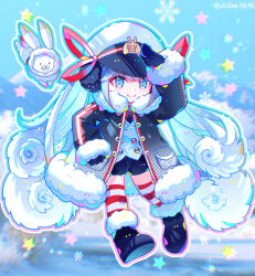  1girl animal aqua_eyes aqua_hair artist_name black_coat black_shorts boots chibi chibi_only chinese_commentary closed_mouth coat commentary_request fur-trimmed_boots fur-trimmed_coat fur-trimmed_sleeves fur_trim gloves gradient_hair hair_ornament hair_ribbon hat hatsune_miku highres long_hair multicolored_hair outdoors peaked_cap rabbit ribbon salute shirt shorts signature snowflakes star_(symbol) striped_clothes striped_thighhighs thigh-highs twintails very_long_hair viclim-monou vocaloid yuki_miku yuki_miku_(2022) 