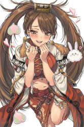  1girl :d big_hair breasts brown_eyes brown_hair commentary_request crop_top dress earrings guilty_gear guilty_gear_strive hair_rings half_updo heart highres jewelry kayanogura kuradoberi_jam large_breasts long_hair looking_at_viewer navel open_mouth parted_bangs simple_background smile solo stomach upper_body very_long_hair white_background 